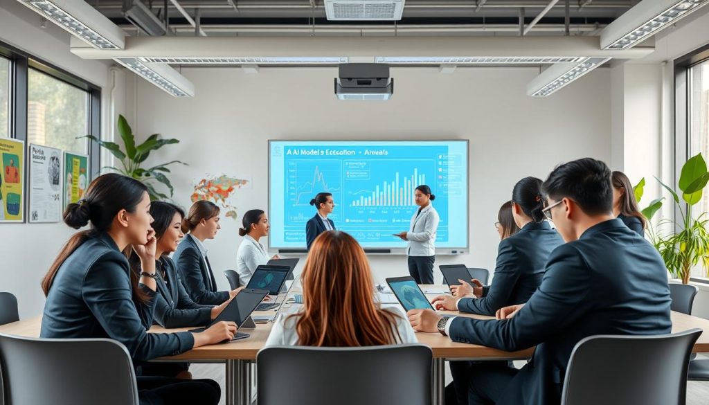 A modern classroom equipped with advanced technology illustrating the integration of machine learning in education. In the foreground, a diverse group of students, dressed in professional business attire and engaged in interactive learning through laptops and tablets, showcasing enthusiasm and collaboration. The middle ground features a teacher, guiding a discussion, with a digital whiteboard displaying dynamic graphs and AI models relevant to education. In the background, large windows let in natural light, creating a bright and inspiring atmosphere. The setting has a sleek, contemporary design, with educational posters on the walls and plants adding a touch of freshness. The overall mood is one of innovation and excitement, embodying the transformative power of AI in learning environments.