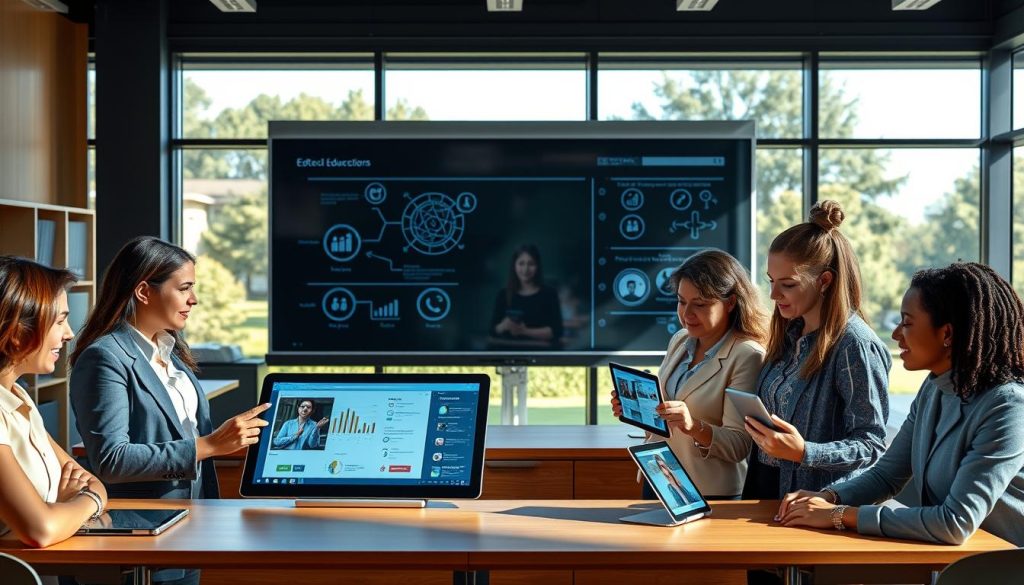 A modern classroom scene showcasing various edtech solutions. In the foreground, a diverse group of three educators, dressed in professional attire, engage with interactive digital screens and tablets displaying educational content. The middle ground features a sleek, futuristic blackboard with AI-driven analytics and virtual learning tools. In the background, large windows flood the room with natural light, revealing a serene campus with greenery outside. The atmosphere is vibrant and dynamic, reflecting innovation and collaboration in education. The lighting should be bright yet warm, casting soft shadows to enhance the inviting environment. The composition captures a sense of hope and progress in overcoming challenges in implementing technology in learning.