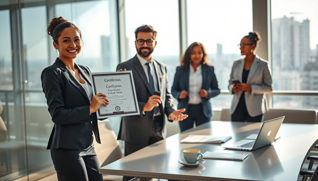 A professional certification scene focused on a diverse group of individuals in a well-lit modern office environment. In the foreground, a confident young woman in a tailored suit proudly holds a glowing certification diploma, showcasing its impressive design. She stands next to a happy middle-aged man in smart business casual attire, both smiling and engaging in conversation. In the middle ground, a sleek conference table is scattered with study materials, laptops, and an elegant coffee cup, reflecting a collaborative atmosphere. The background features large windows with a cityscape view, infusing natural light that enhances the positive, productive mood. Soft shadows create a dynamic interplay, accentuating their expressions of achievement and potential. The overall composition conveys professionalism, ambition, and the rewarding journey of gaining professional credentials.