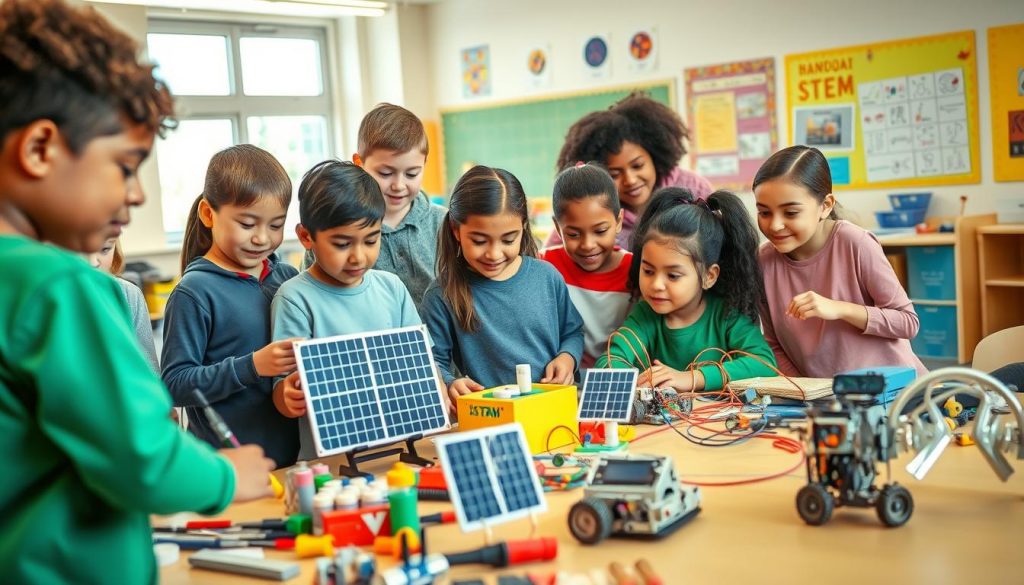 A vibrant scene showcasing a diverse group of people engaged in hands-on STEM projects. In the foreground, children of various ethnicities are collaborating around a colorful workbench filled with science kits, robotics, and engineering tools, illustrating excitement and curiosity. The middle ground features interactive displays of STEM projects like a small solar panel model and a home-built robot, emphasizing creativity and learning. The background includes a bright classroom with windows letting in natural light, adorned with posters of scientific concepts. The atmosphere is lively and inspiring, fostering a sense of teamwork and innovation. Capture the scene with a warm, bright lighting setup, using a slightly elevated angle to encompass the collaborative spirit of the environment.